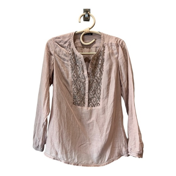 Massimo Dutti Silk Blend Taupe Beaded Split Neck Pullover Peasant Blouse XS - Picture 11 of 16